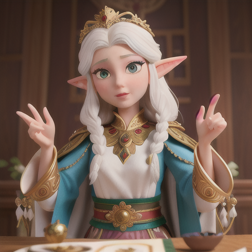 Noble elven diplomat, snow-white hair and decorative ear cuffs, mediating a peace negotiation between warring factions at a grand palace, making a persuasive argument to the attentive leaders, an ancient elven artifact as a symbol of unity on the table, ceremonial robe adorned with intricate embroidery, sophisticated and nuanced anime style, radiating wisdom and authority