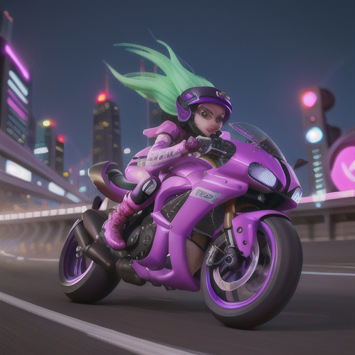 Fearless street racer, windswept lavender hair held back by a bandana, speeding through a neon cityscape, skillfully maneuvering a futuristic motorcycle, rival racers in pursuit, a sleek racing suit with a helmet, a fast-paced and vivid art style, a high-octane and thrilling mood