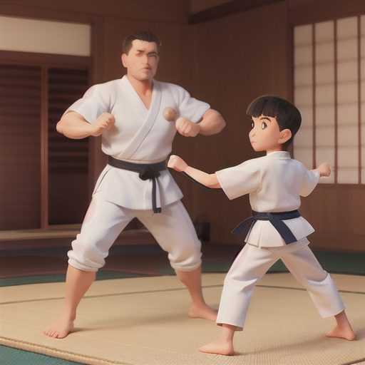 Protective father figure, strong build and short black hair, in a traditional dojo, training his children in martial arts, wooden training weapons and tatami mats, simple white gi and hakama, classic anime style with sharp lines, a sense of discipline and proximity