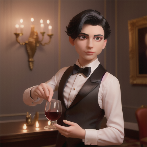 Charming host in a sophisticated club, raven hair and smoldering red eyes, in a dimly-lit luxurious lounge, pouring a drink for an elegant guest, adorned walls with fine art and intricate decor, dapper black tuxedo and bow tie, smooth, dark tones and sultry atmosphere, romantic ambiance