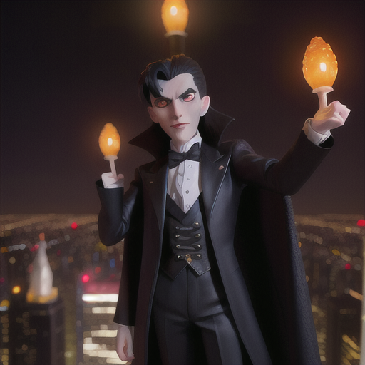 A lone vampire, his haughty elegance highlighting his ancient existence, watches over the nightly activities of a bustling modern city from the top of a skyscraper, the glittering lights reflecting in his timeless, melancholic eyes.