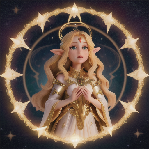 Celestial elven sorceress, radiant golden hair and halo-shaped ears, amidst a starry sky with glimmering celestial bodies, weaving intricate spells from celestial energy, a constellation of stars swirling around her, flowing robes with intricate astral prints, shiny and luminous anime style, imparting a sense of awe and reverence