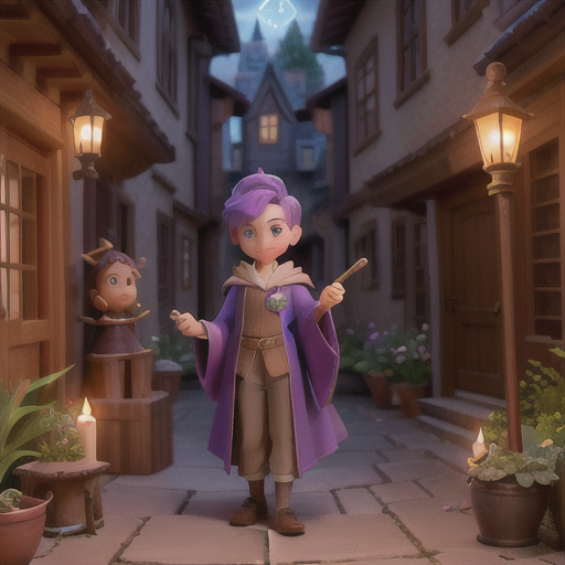 Ambitious sorcerer-in-training, short lavender hair with a naïve grin, in a magical academy’s bustling courtyard, eagerly examining a newly acquired spellbook, fellow students practicing spells in the background, mage apprentice robes and a staff with a glowing crystal, warm and inviting palette, a sense of wonder and camaraderie