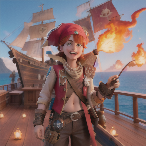 Adventurous pirate captain, fiery red hair cascading down, on a ship's wooden deck, holding a treasure map and a compass, a loyal parrot perched on shoulder, ripped bandana and pirate outfit, dynamic and saturated anime art, an atmosphere of excitement and exploration