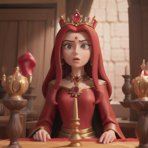 An image depicts a queen in the medieval time, her crimson robes adorned with precious gems, as she sternly addresses her subjects.