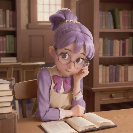 Meek librarian girl, lavender hair in a low ponytail, surrounded by towering bookshelves, shyly handing a book to a patron, various types of glasses spread across a table, simple blouse and skirt with a black apron, light and gentle anime style, an atmosphere of quiet knowledge and helpfulness