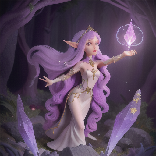 Magical elven maiden, flowing lavender hair and elongated elegant ears, near a crystal-studded cavern, summoning ethereal wisps of purple flame, a mystical tome floating at her side, an elegant gown adorned with star motifs, dreamy watercolor anime style, evoking beauty and supernatural power
