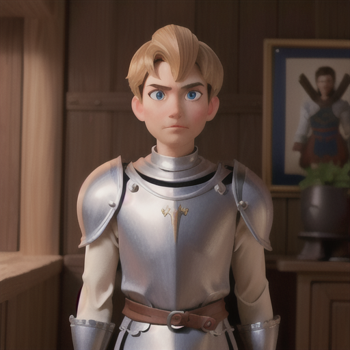 The armor-clad knight, Sir Geoffrey, with his upright posture and piercing gaze, was the epitome of bravery and chivalry in the feudal system.