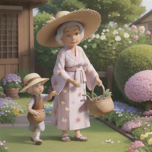 Grandmother with gentle wrinkles and soft gray hair, in a charming garden, teaching her grandchild to tend to flowers, a wooden basket filled with vibrant blooms, floral-patterned kimono and straw hat, soft and warm anime art style, capturing peacefulness and life lessons