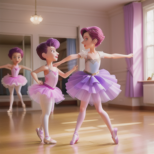 Supportive aunt, stylish short purple hair, in a sunlit dance studio, instructing her niece in ballet, mirrors reflecting grace and elegance, ballet attire and a gauzy tutu, fluid and expressive anime style, a sense of poise and refinement