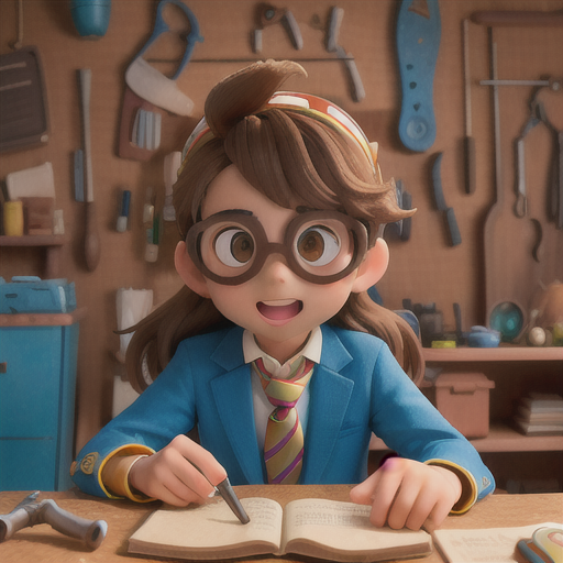 Prodigious young inventor, messy brown hair and goggles perched atop his head, in an inventive and cluttered workshop, enthusiastically explaining his latest invention, numerous creative gadgets and tools scattered about, quirky mismatched suit and colorful tie, bright, energetic anime style, full of curiosity and enthusiasm