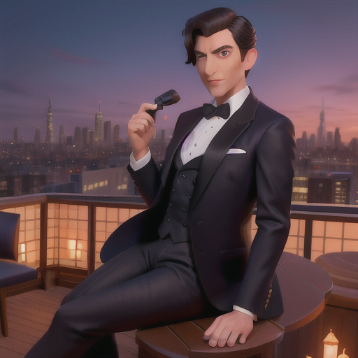 Debonair gentleman spy, suave navy hair and a hidden smirk, in a swanky rooftop bar, casually gathering intel from unsuspecting targets, refined skyline vista in the distance, impeccably tailored tuxedo and concealed gadgets, vivid, dynamic anime style, a scene brimming with danger and intrigue