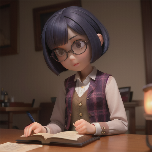 Intelligent detective girl, indigo hair styled in a bob cut, in a dimly-lit room full of clues, examining evidence with a magnifying glass, an untouched cup of tea on a table nearby, burgundy waistcoat and a plaid checkered skirt, detailed and shadowy anime style, atmosphere of intrigue and problem-solving