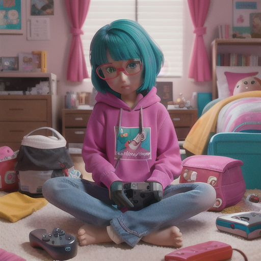 Existential gamer, dyed turquoise hair with short bangs, inside a cluttered dorm room, contemplating life while cleaning a pair of square black frames, video game console and posters in the background, cozy hoodie and jeans, casual and introspective anime style, a slice-of-life vibe with a touch of soul-searching
