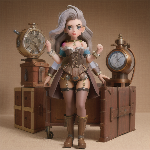 Enchanting time traveler, stormy gray hair with rainbow highlights, amidst a bustling steampunk city, manipulating a complex time device, steampunk-inspired gadgets floating around, stylish brown leather corset and a delicate clockwork necklace, Sepia-toned with vivid color accents, an atmosphere of adventure and curiosity