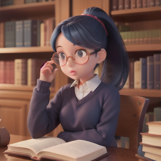 Studious librarian girl, dark blue hair in a ponytail, bustling library environment, organizing books with telekinetic abilities, eyeglasses floating above a book nearby, warm-toned sweater and skirt, soft watercolor anime style, calm and knowledgeable atmosphere