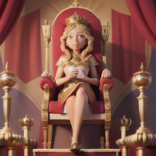 The queen, painted against a royal backdrop, sits upon her throne with an air of wisdom and deep compassion in her eyes.