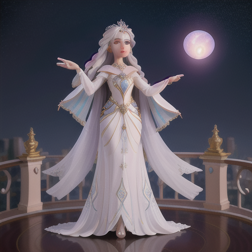 Majestic celestial princess, silver hair adorned with ethereal accessories, standing on an ethereal moonlit balcony, gracefully extending her hand towards a glowing orb, the silhouettes of her loyal guardians behind her, flowing silk gown with astronomical patterns, ethereal and luminescent illustration style, a sense of mystique and regality