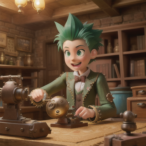 Enthusiastic cousin, spiky green hair and beaming smile, in an attic full of antiques, examining a curious mechanical device, an aged map laid out on a table, steam-punk inspired clothing and gears, elaborate anime art style, an atmosphere of curiosity and discovery