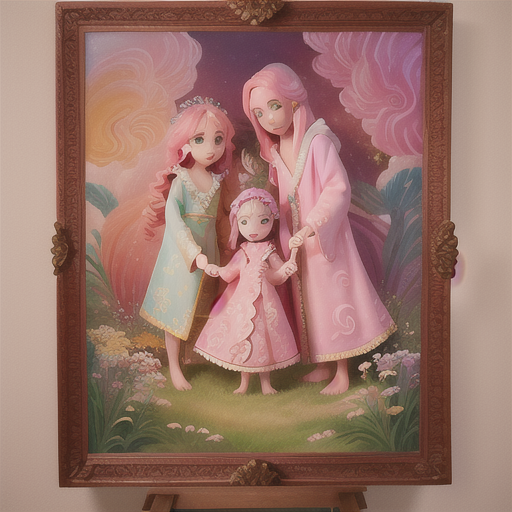 Artistic teen sibling, serene pink hair and delicate features, in an enchanted painting paradise, painting their family portrait, brushes and vivid colors swirled in the air, intricate robe adorned with art motifs, ethereal anime art style, a scene full of creativity and imagination
