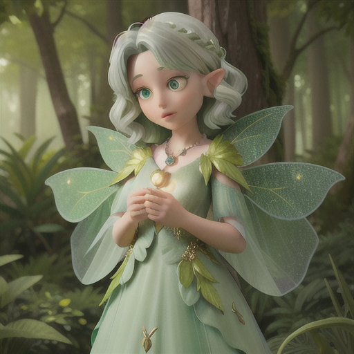 Gentle forest guardian, silver hair with green highlights, in a dense magical forest, releasing a swarm of sparkling fireflies, a tiny fairy perched on her shoulder, an elegant green gown with a nature-inspired necklace, soft pastel and detailed scenery, whimsical and enchanting atmosphere
