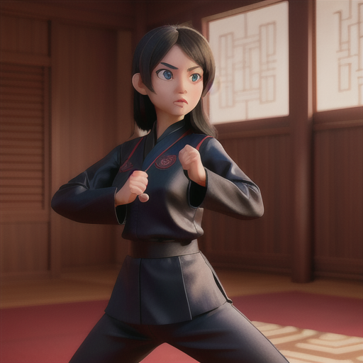 Martial arts prodigy girl, fierce black hair and steely blue eyes, within a traditional dojo, gracefully executing fluid kung fu movements, a respectful master observing from a distance, black silk martial arts uniform with dragon embroidery, smooth and energized art style, an atmosphere of discipline and strength