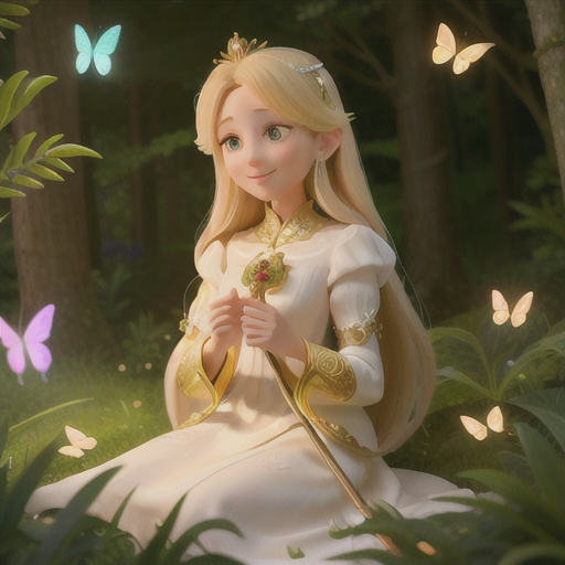 Kind-hearted healer girl, long blonde hair and warm smile, in a lush enchanted forest, gently tending to a wounded mystical creature, a gold-rimmed staff and ethereal glowing butterflies nearby, elegant white gown with intricate golden patterns, soft and gentle art style, sense of compassion and serenity