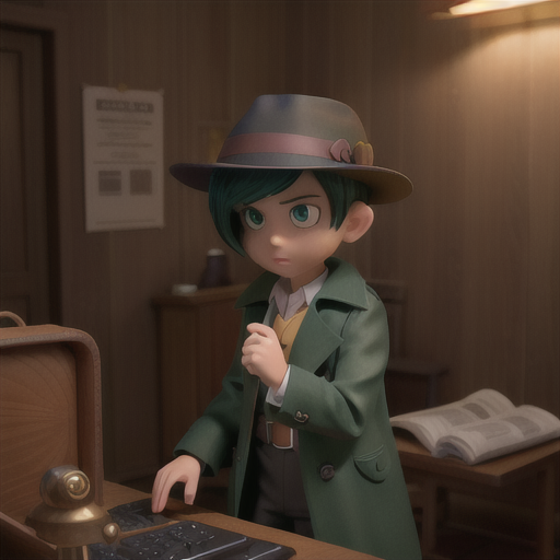Determined detective boy, dark green hair and intense gaze, in a dimly lit crime scene, meticulously searching for clues, complex diagrams and photographs scattered about, classic detective trench coat and fedora, suspenseful and cinematic anime style, an aura of intrigue and problem-solving