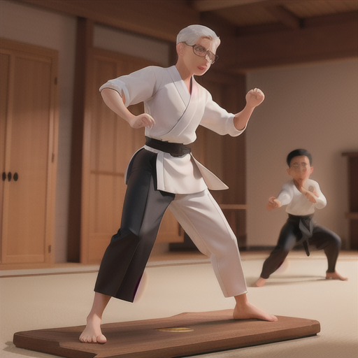 Martial arts master, short white hair and small round glasses, traditional dojo setting, demonstrating a powerful strike, attentive students observing in the background, formal black hakama with a white belt, smooth and fluid animation style, an atmosphere of discipline and respect