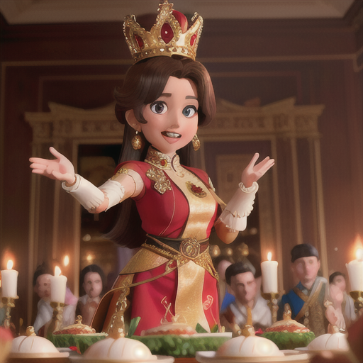 An image beautifully captures the queen's meeting with foreign dignitaries at a grand banquet, depicting the fusion of cultures and traditions.