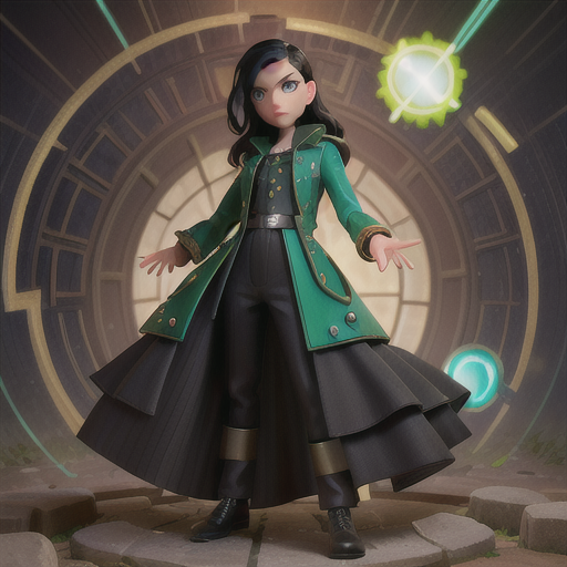 Enigmatic time traveler, slick black hair and piercing green eyes, within a chaotic time vortex, reaching out to a mysterious relic, shattered fragments of past, present, and future swirling around, a blending of historical and futuristic clothing elements, blurred lines and bold color choices, a sense of urgency and intrigue