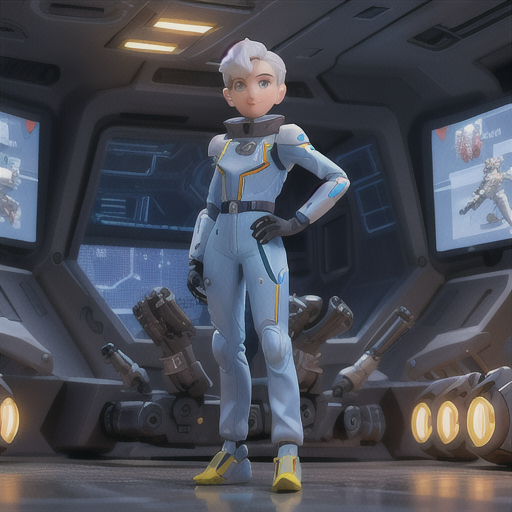 Skillful mech pilot boy, short silver hair and confident smirk, standing before a giant mecha, discussing strategy with a diverse team, intricate battle plans displayed on holographic screens, sleek jumpsuit with squadron emblem, dynamic and bold art style, an atmosphere of camaraderie and adventure