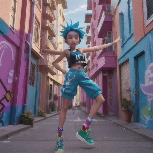 Energetic hip-hop dancer, electric blue hair spiked upwards, on a graffiti-covered urban street, performing a headspin, a group of impressed onlookers, trendy streetwear attire and flashy sneakers, vibrant and dynamic anime style, a scene oozing with coolness and flair