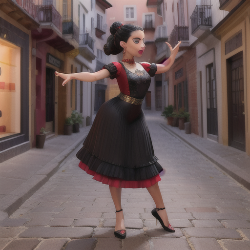 Fierce flamenco dancer, intense black hair styled in a chignon, on a cobbled Spanish street, passionately stamping her feet and clapping her hands, a group of awestruck onlookers, a traditional red and black flamenco dress, bold and evocative art style, a fervent and commanding presence