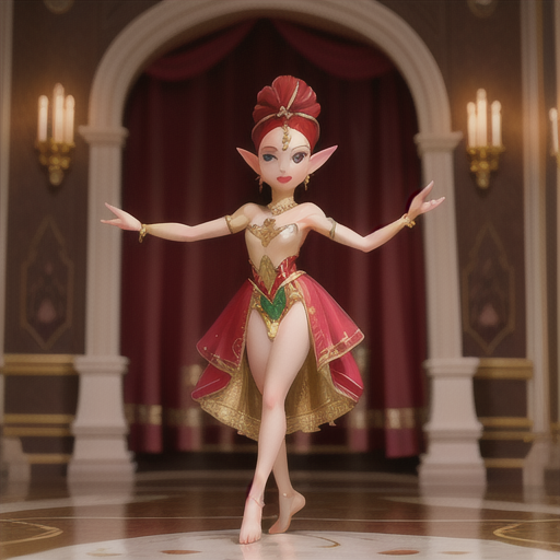 Elven danseuse, scarlet hair styled in a bun and slender ears adorned with jewels, gracefully dancing on a marble stage, mesmerizing the royal audience with her spellbinding performance, delicate butterfly wings fluttering on her back, silk-like flowy dress decorated with golden trimmings, intricate and fluid anime style, exuding elegance and grace