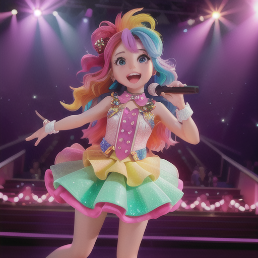 Talented idol singer, multi-colored hair and dazzling starry eyes, on a brightly lit concert stage, belting out a heart-stirring performance, adoring fans swaying glowsticks in sync, stylish performance outfit with shimmering accessories, stylish and sparkling art style, sense of passion and showmanship