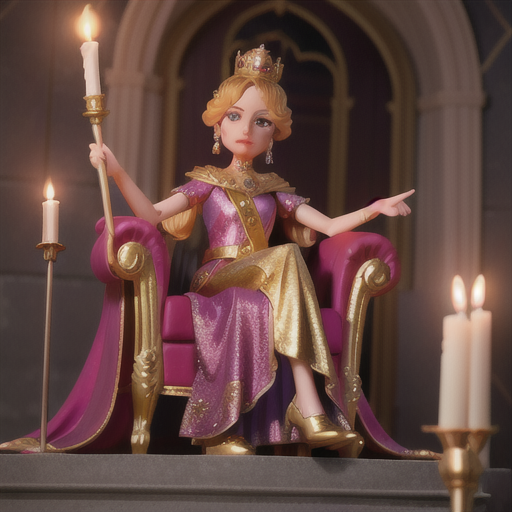 A queen in a stunning gold and purple gown holds scepter on her throne, her crown gleaming in the candlelight.