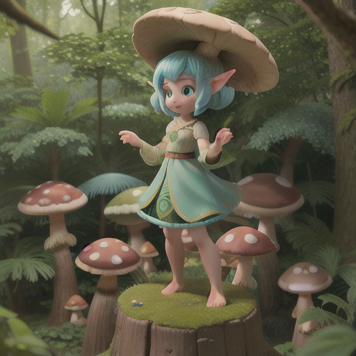 Mischievous forest elf, bright teal hair with short-cropped ears, perching on a giant mushroom in a lush woodland, playfully teasing a group of small fairies, a magical glowing orb hovering nearby, leaf-patterned garments resembling foliage, soft-focus fantasy anime style, a whimsical atmosphere