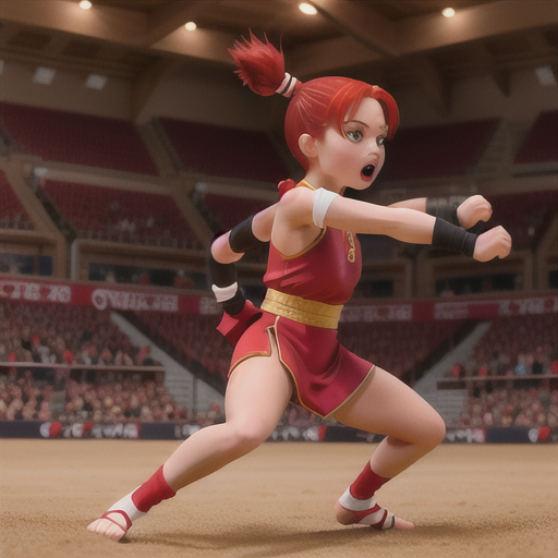 Martial arts prodigy, red hair tied up in a ponytail, in a crowded championship arena, skillfully executing a powerful kick, an awestruck audience cheering wildly, traditional martial arts attire with a unique emblem, fluid and dynamic action poses, an ambiance of intense focus and passionate rivalry