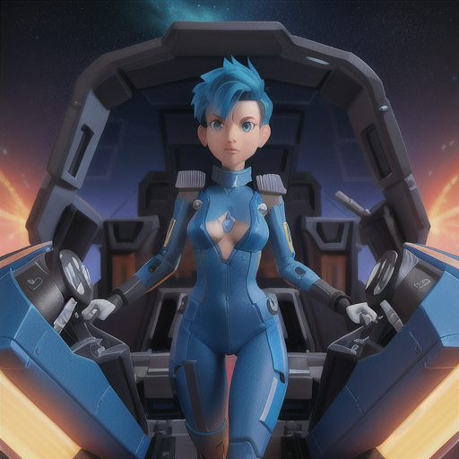 Fearless mech pilot, electrifying blue hair in a short spiky cut, in the cockpit of a giant robot, navigating through an intense space battle, holographic controls and enemy ships in view, sleek bodysuit with a glowing power core, high octane action-packed anime style, a sense of unstoppable momentum