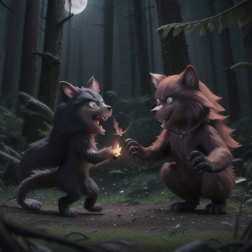 In the haunting silence of a dense, moonlit forest, a vampire and a werewolf, age-old adversaries locked in an eternal feud, square off, baring their fangs and claws as an impending clash of supremacy looms.