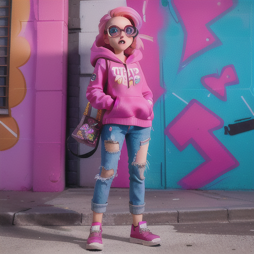 Rebellious street artist, spunky pink hair and aviator glasses, graffiti-covered urban alleyway, spray-painting a vibrant mural, art supplies and paint cans at her feet, casual jeans and a worn-out hoodie, combination of traditional and urban anime styles, a vibe of defiance and self-expression