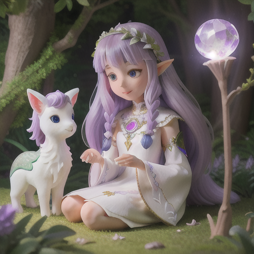 Gentle healer, flowing lavender hair, in a fantasy forest, tending to an injured mythical creature, mystical glowing crystals surrounding them, shimmering white dress embroidered with silver leaves, enchanting and ethereal anime style, aura of kindness and nurturing