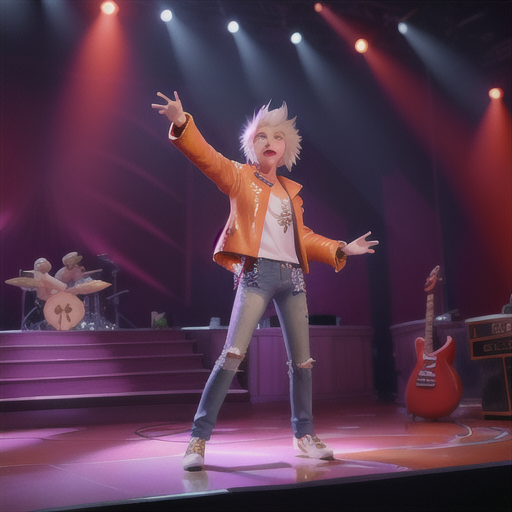 Charismatic musician, platinum blonde hair artfully tousled, on a stage illuminated by dazzling lights, passionately playing an electric guitar, adoring audience waving light sticks, stylish leather jacket and distressed jeans, dynamic and vibrant animation style, an energy of rock and roll stardom