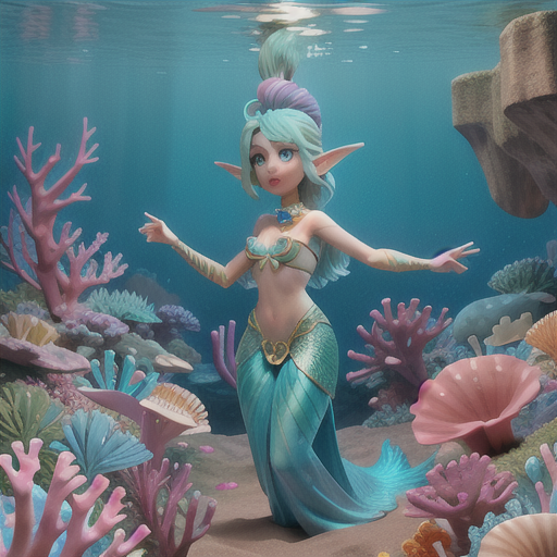 Underwater elven mermaid, iridescent blue hair and fins growing from her ears, exploring a coral reef teeming with vibrant aquatic life, communicating with colorful fish using her elven songs, a shimmering pearl necklace adorning her neck, a scaled tail and seashell top, delicate and vibrant anime style, invoking curiosity and enchantment