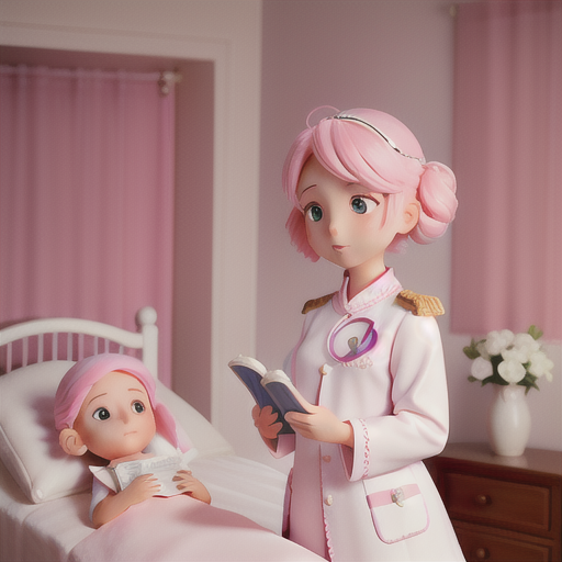 Kind-hearted young healer, soft pink hair and caring eyes, in a serene hospital setting, reading a medical journal to a hopeful patient, a bouquet of flowers adorning the bedside table, pristine white uniform with a delicate embroidered emblem, airy and luminous anime style, a scene of compassion and hope