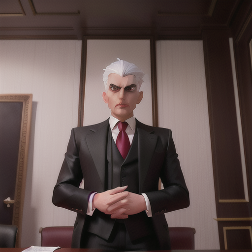 Ruthless corporate leader, piercing silver eyes and slicked-back white hair, in an imposing, shadowy boardroom, coldly discussing business strategies, underlings bowing in submission, impeccably tailored black suit with red accents, dark, dramatic anime style, a menacing and forbidding air