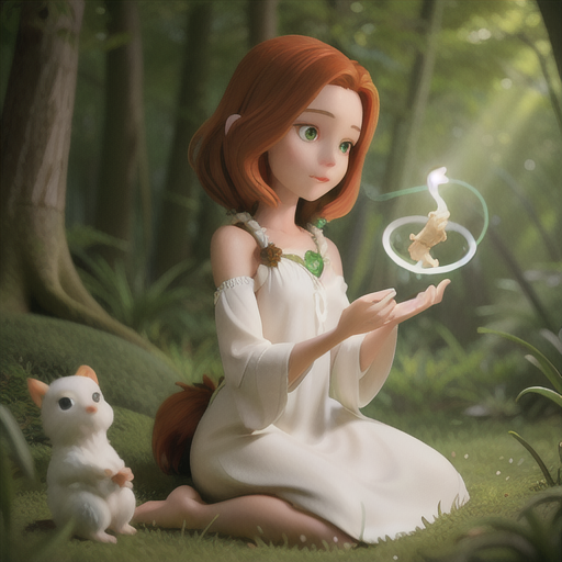Timid healer, shoulder-length auburn hair, serene forest clearing, tending to an injured mystical creature, gently glowing magic emanating from hands, white flowing dress with green accents, bright and ethereal art style, a compassionate and nurturing aura