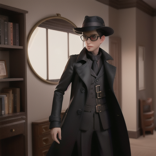 Enigmatic detective, slick black hair falling over one eye, at a dimly-lit crime scene, observing a clue through half-moon glasses, cryptic notes pinned to a wall, a classy trench coat and fedora, film noir inspired anime style, a sense of mystery and intrigue