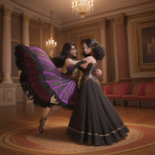 Mysterious waltz dancer, long raven-black hair in romantic ringlets, in a baroque-inspired ballroom, majestically twirling with her masked partner, extravagant chandeliers sparkling above, a dark velvety gown with shimmering embellishments, intricate line work and painterly texture, an atmosphere of intrigue and elegance